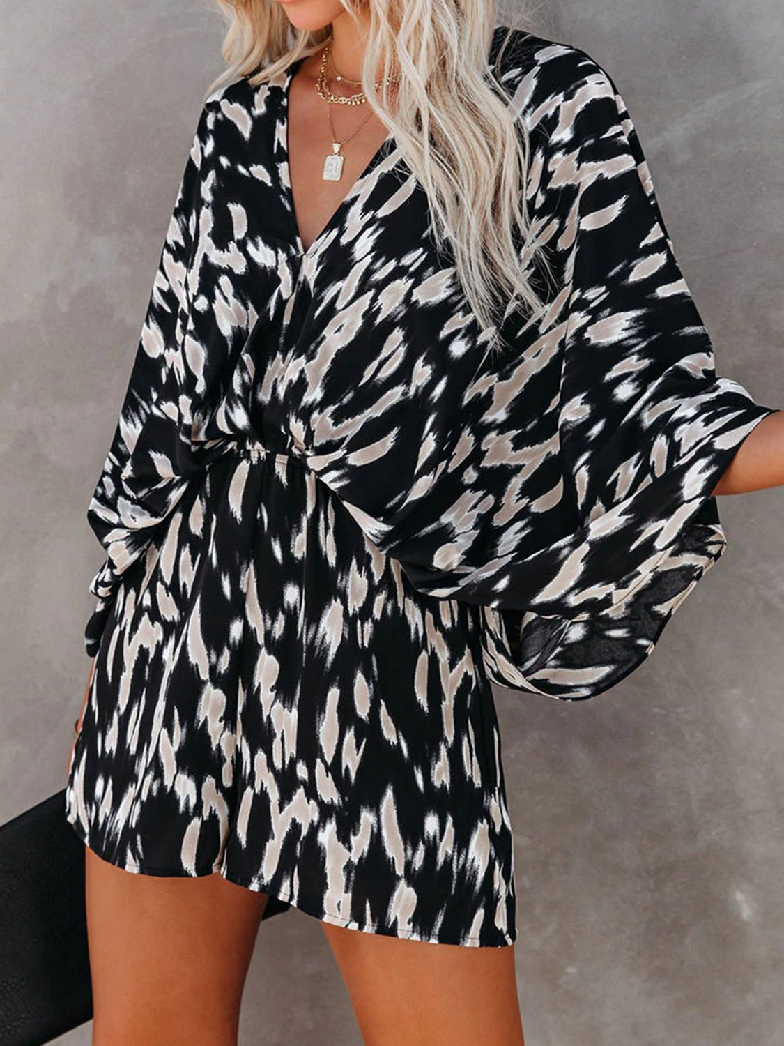 Romper - Tied Printed Kimono Sleeve