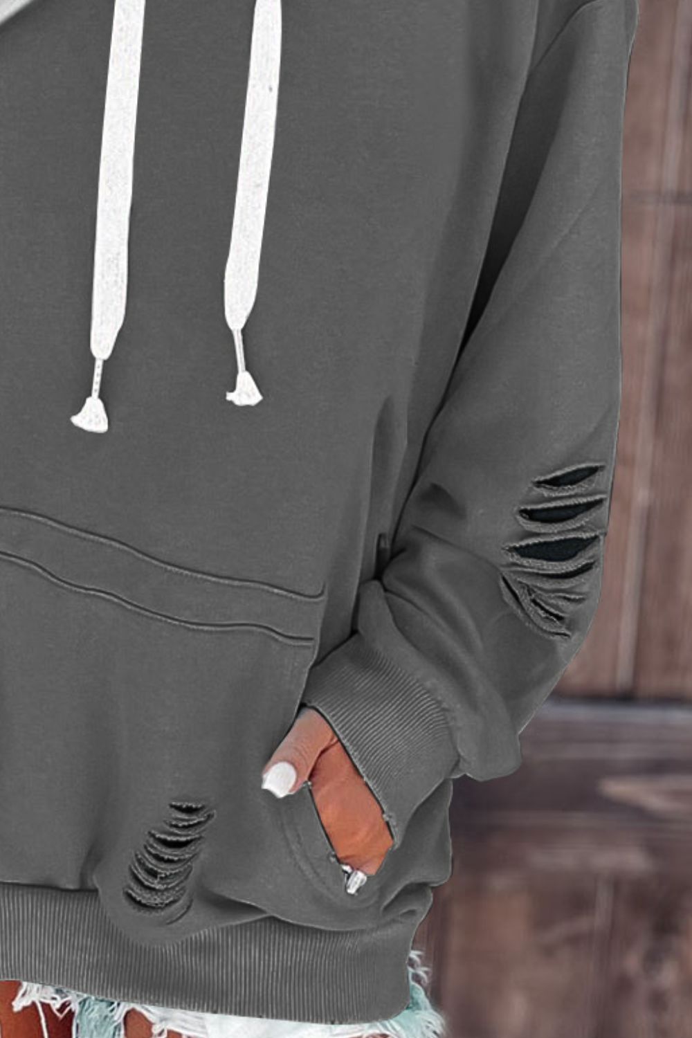 Distressed Cutout Long Sleeve Hoodie