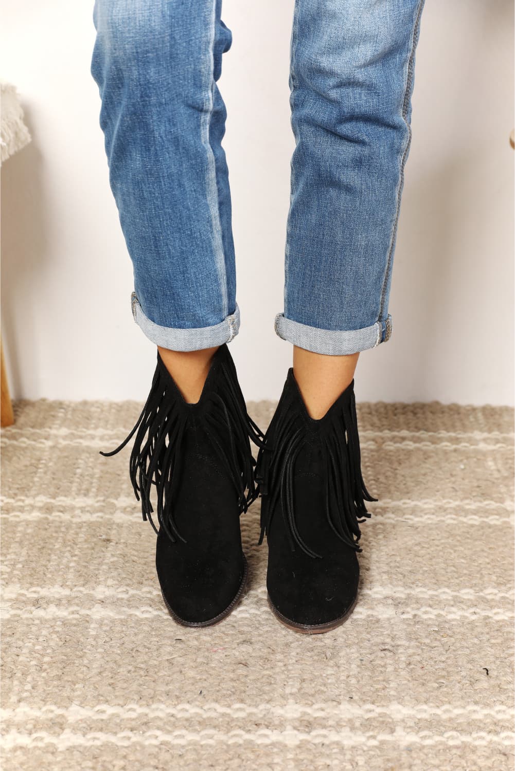 Ankle Booties - Leather Fringe Block Heel