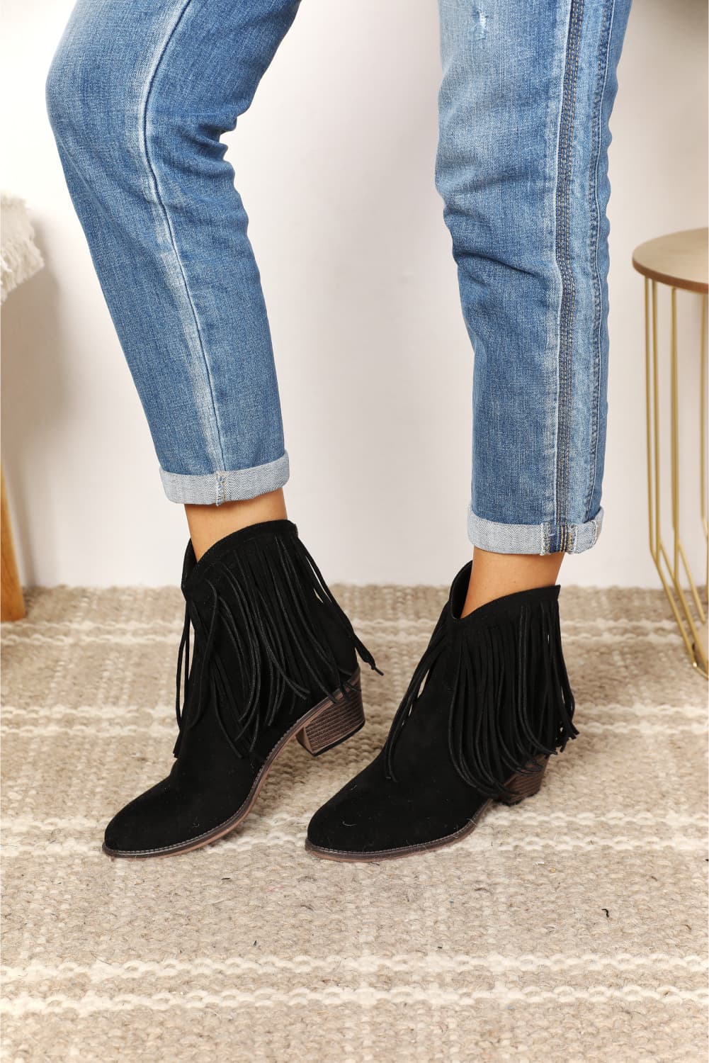 Ankle Booties - Leather Fringe Block Heel