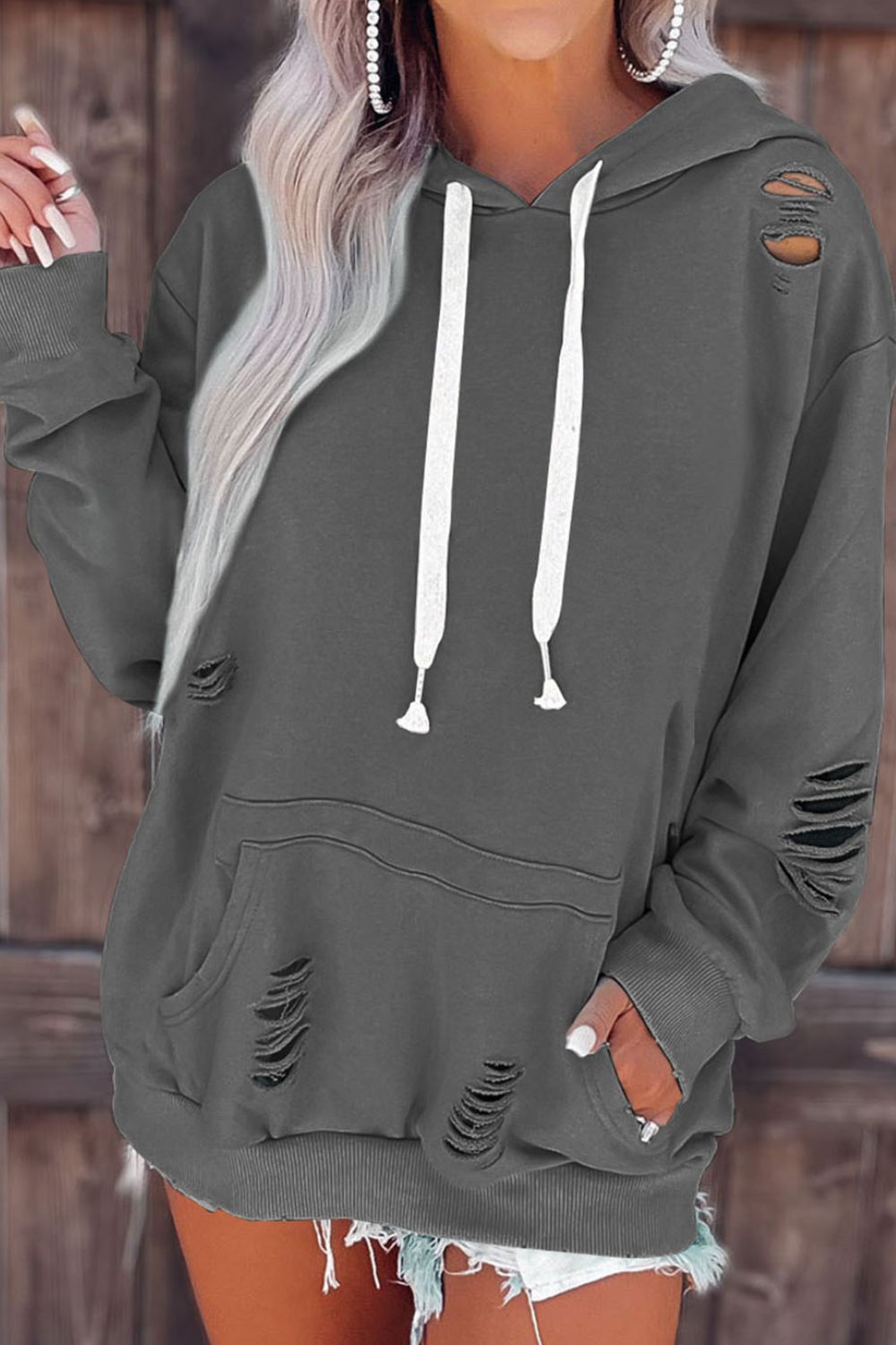 Distressed Cutout Long Sleeve Hoodie