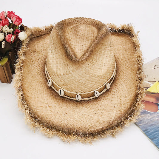 Cowboy Hat - Raw Hem Wide Brim Raffia