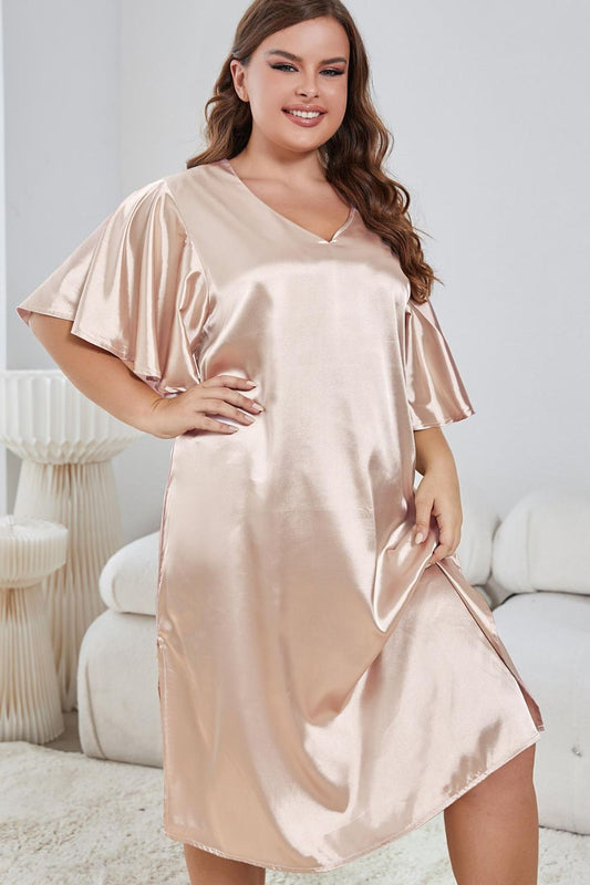 Night Gown - Plus Size Flutter Sleeve V-Neck Side Slit