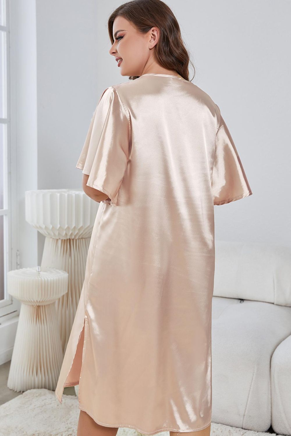 Night Gown - Plus Size Flutter Sleeve V-Neck Side Slit