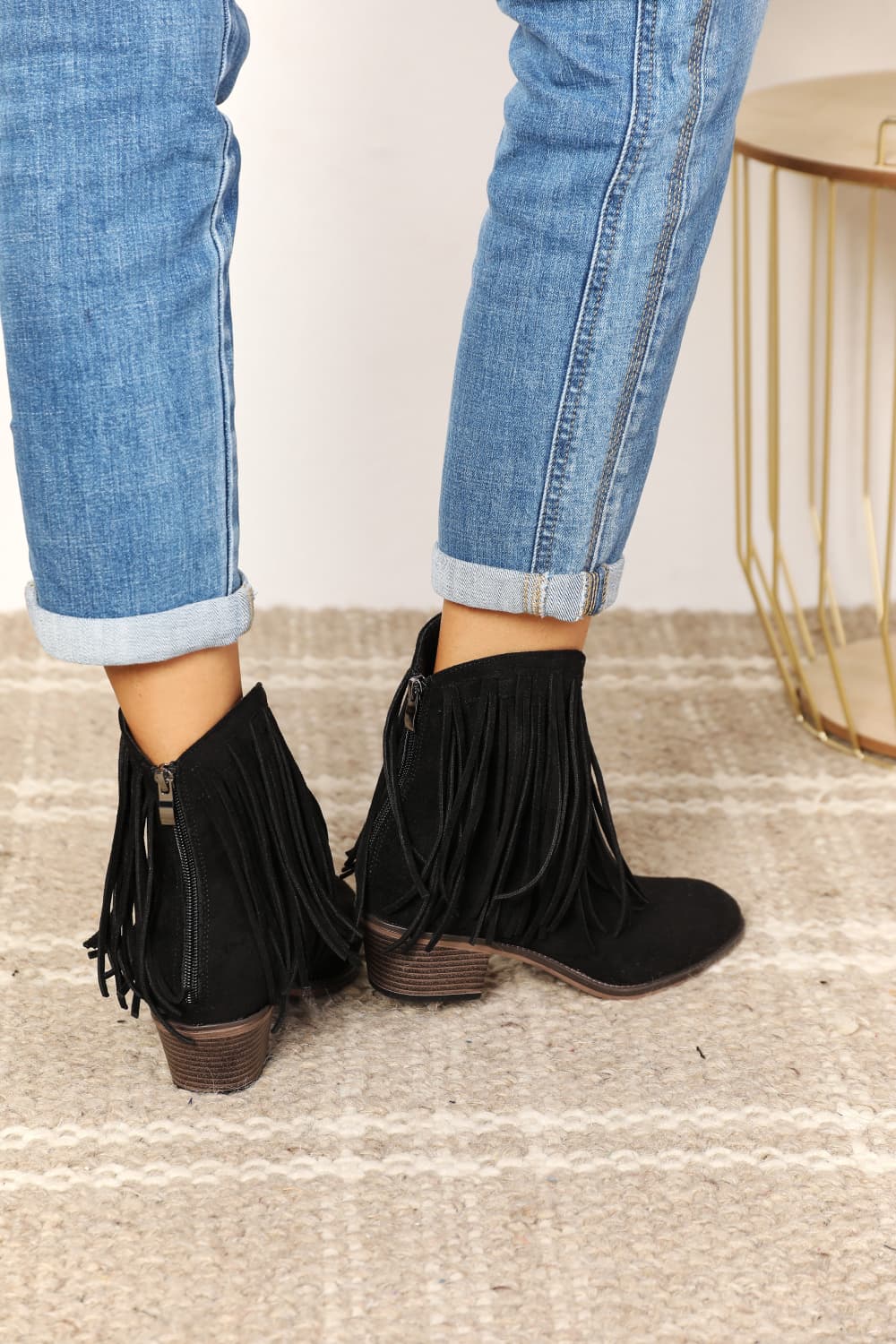 Ankle Booties - Leather Fringe Block Heel