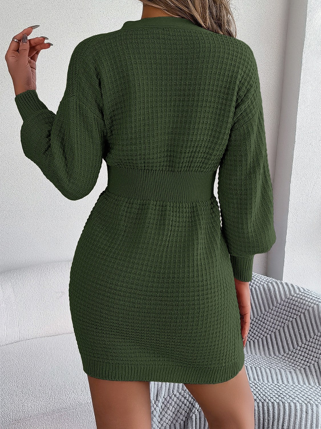 Buttoned Cable-Knit V-Neck Sweater Dress