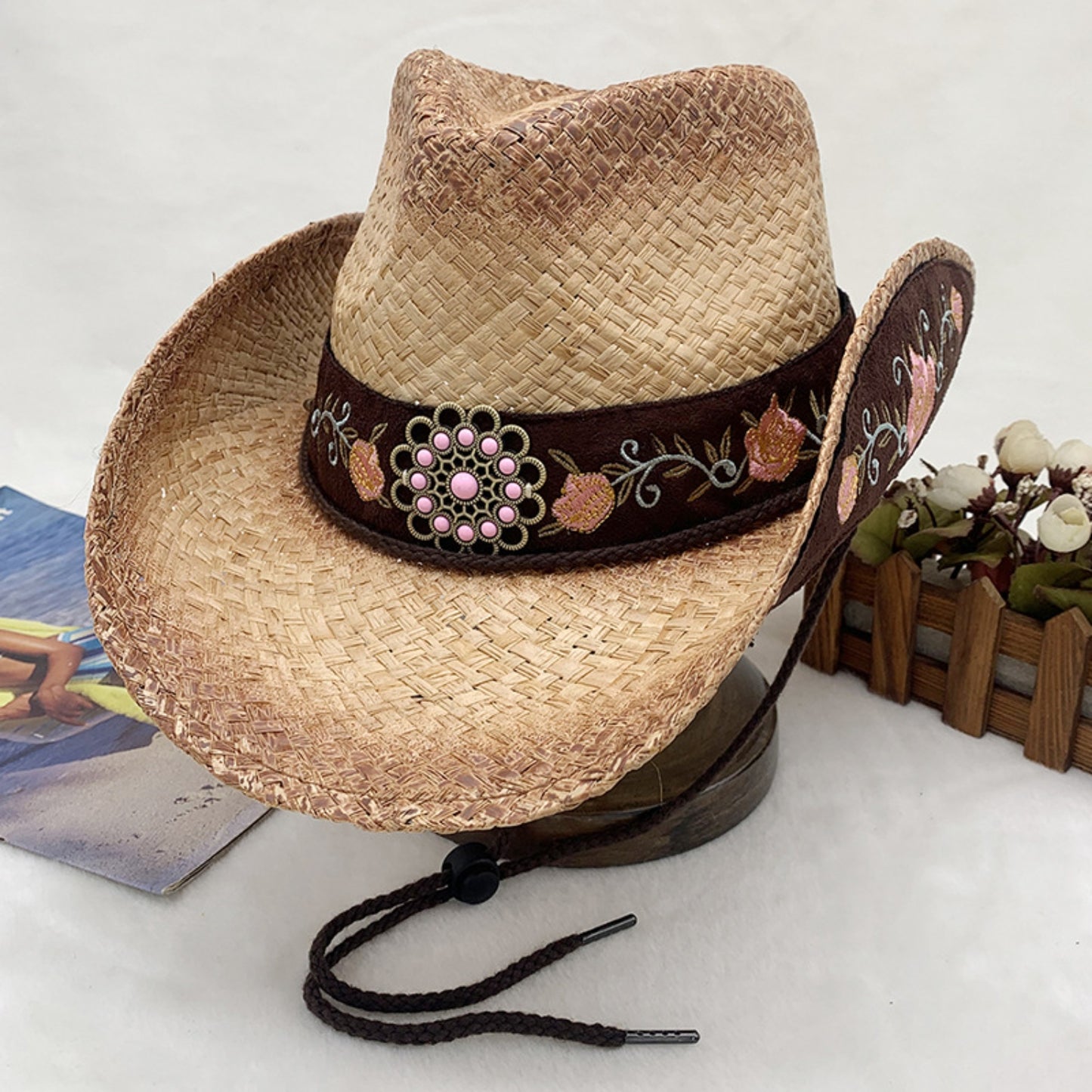 Cowboy Hat - Embroidered Tied Raffia