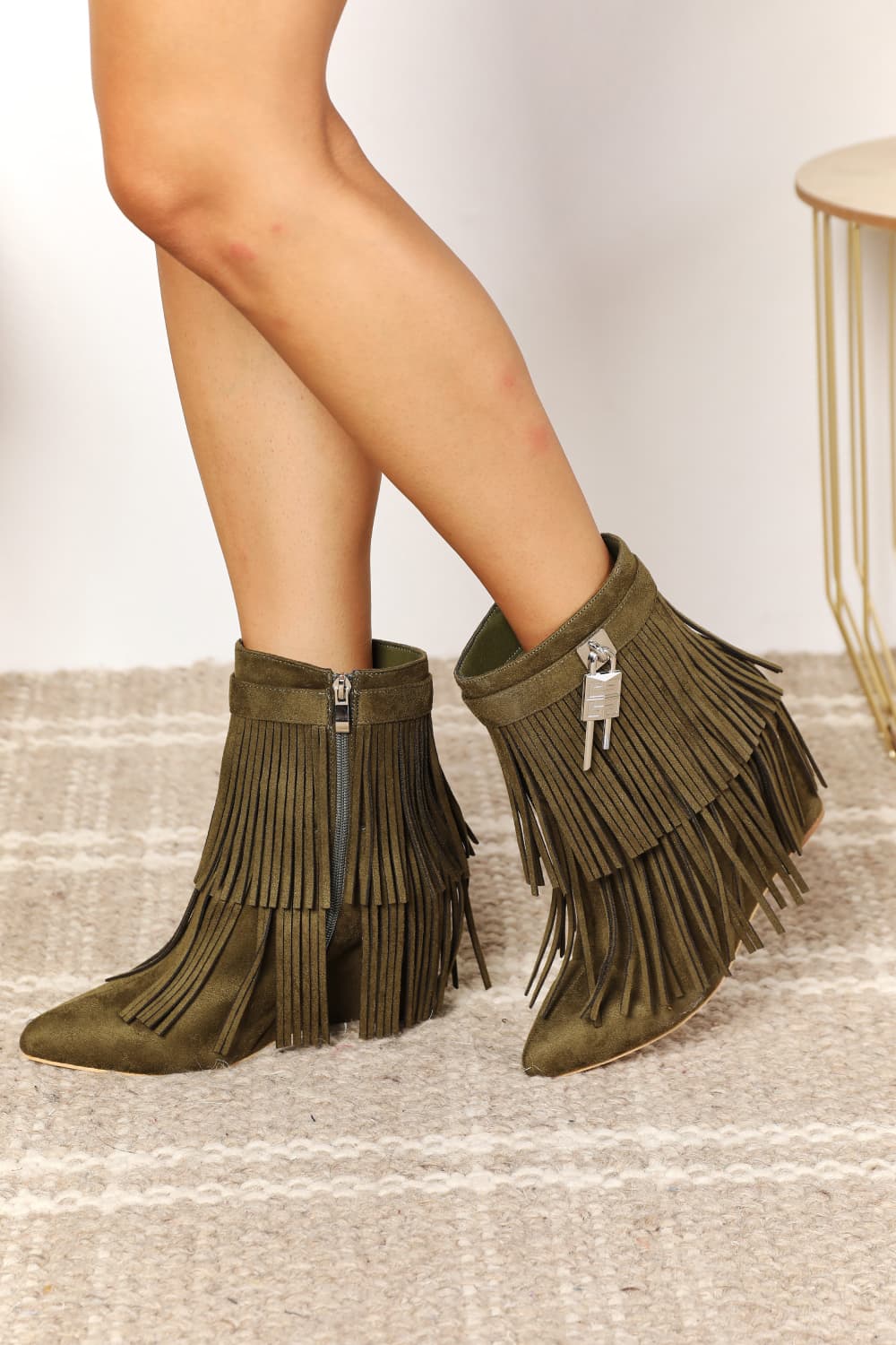 Ankle Booties - Leather Fringe Tassel Wedge Heel