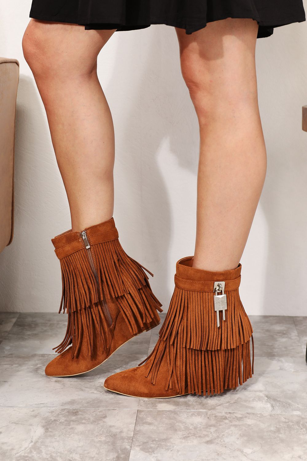 Ankle Booties - Leather Fringel Side Zipper