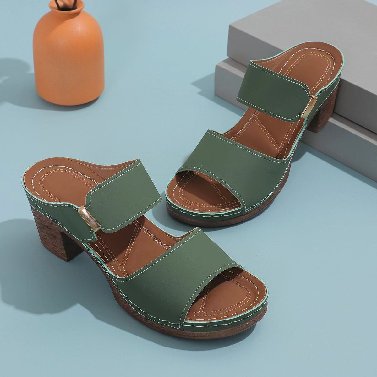 Sandal - Block Heel Open Toe Leather