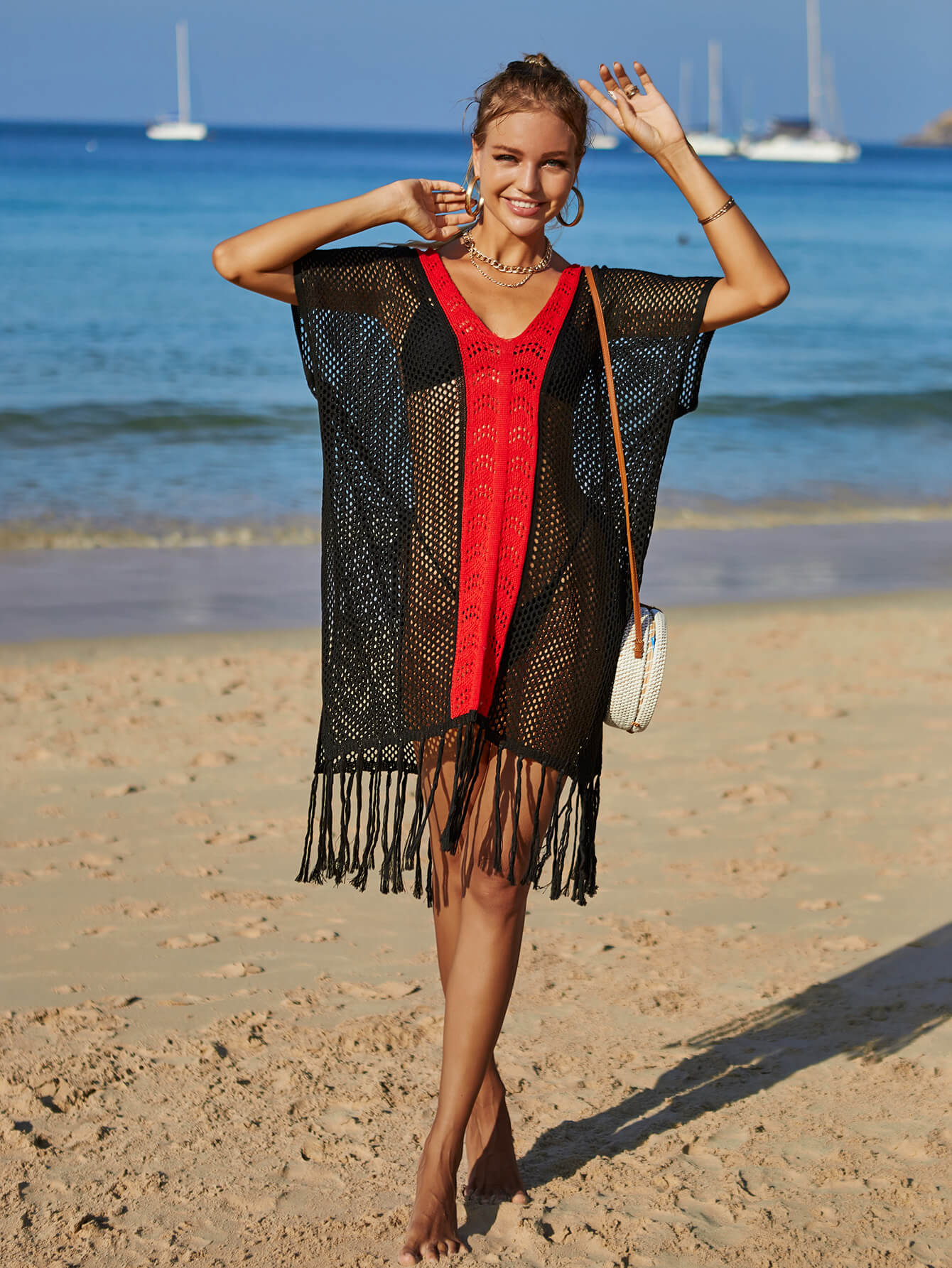 Fringe Trim Openwork Cover-Up Dress