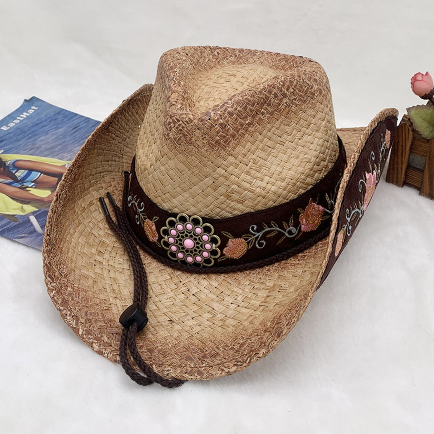 Cowboy Hat - Embroidered Tied Raffia