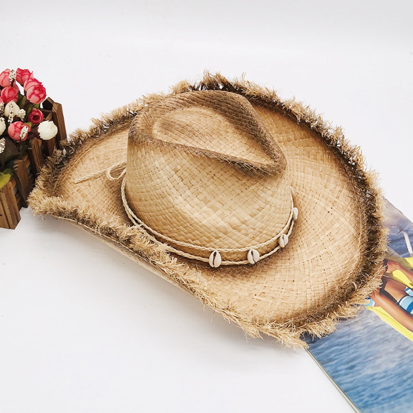 Cowboy Hat - Raw Hem Wide Brim Raffia