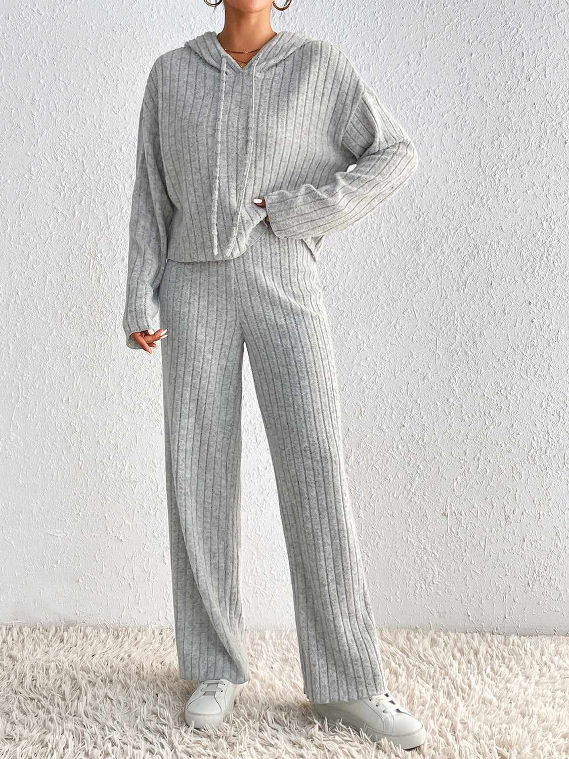 Ribbed Hoodie and Straight Leg Pants Set