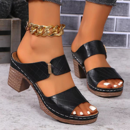 Sandal - Block Heel Open Toe Leather