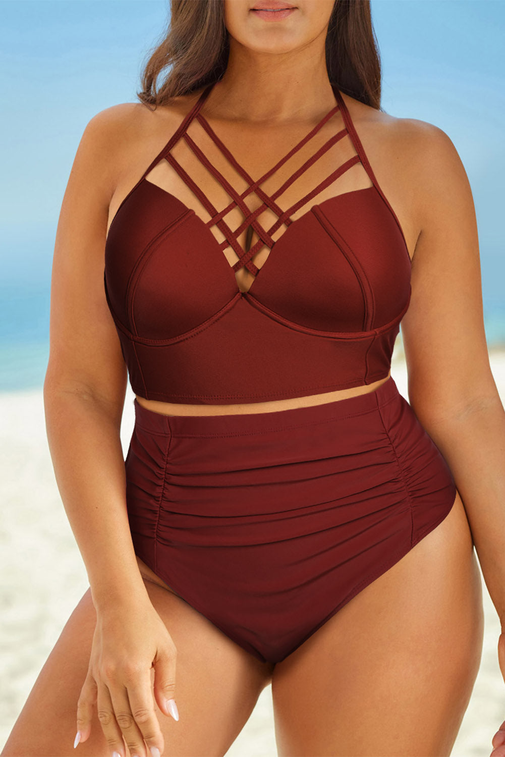 Halter Neck Crisscross Ruched Swimsuit