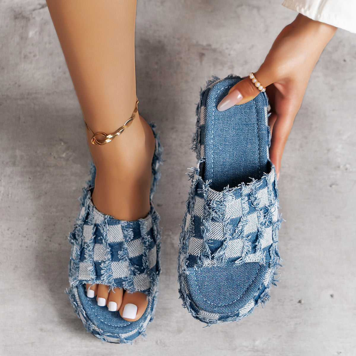 Sandal - Checker Denim Platform Sandals