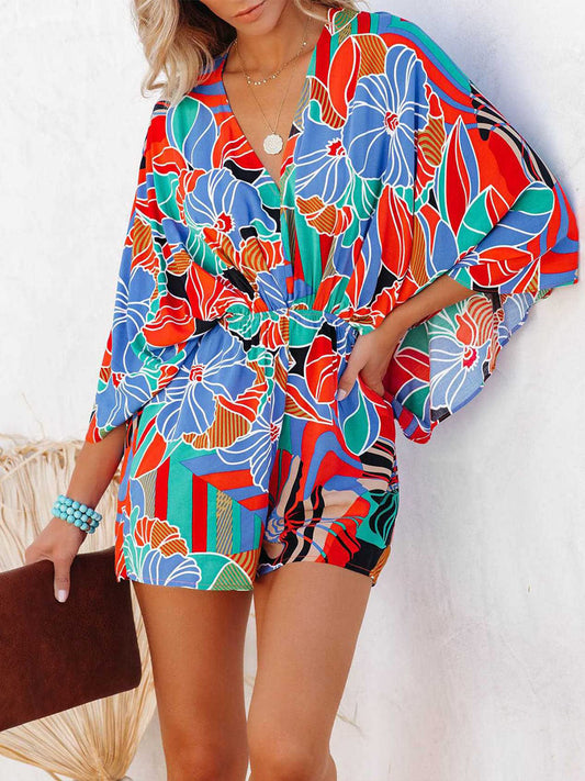 Romper - Tied Printed Kimono Sleeve