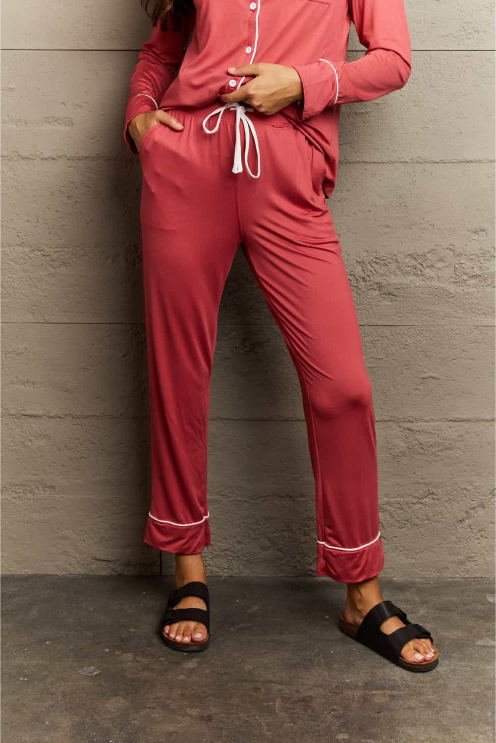 Buttoned Collared Neck Top and Pants Pajama Set