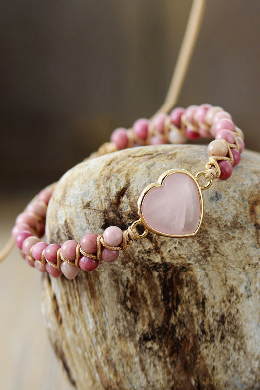 Bracelet - Beaded Rose Quartz Heart