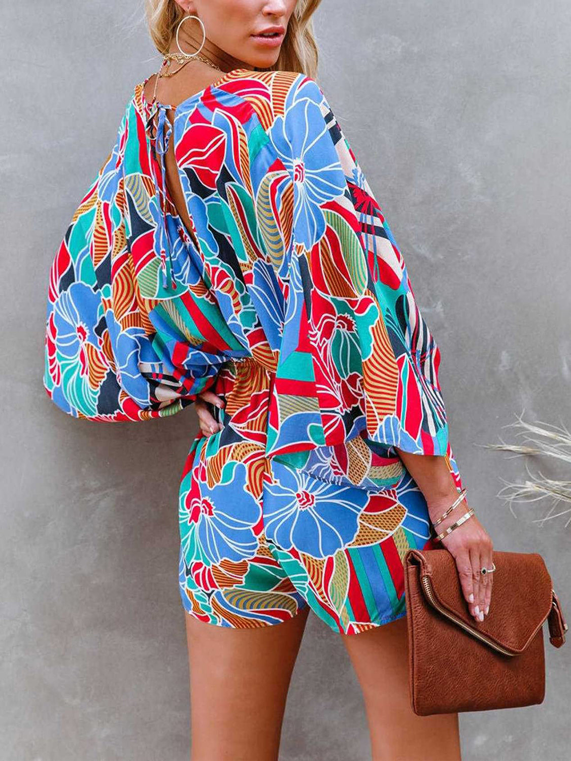 Romper - Tied Printed Kimono Sleeve