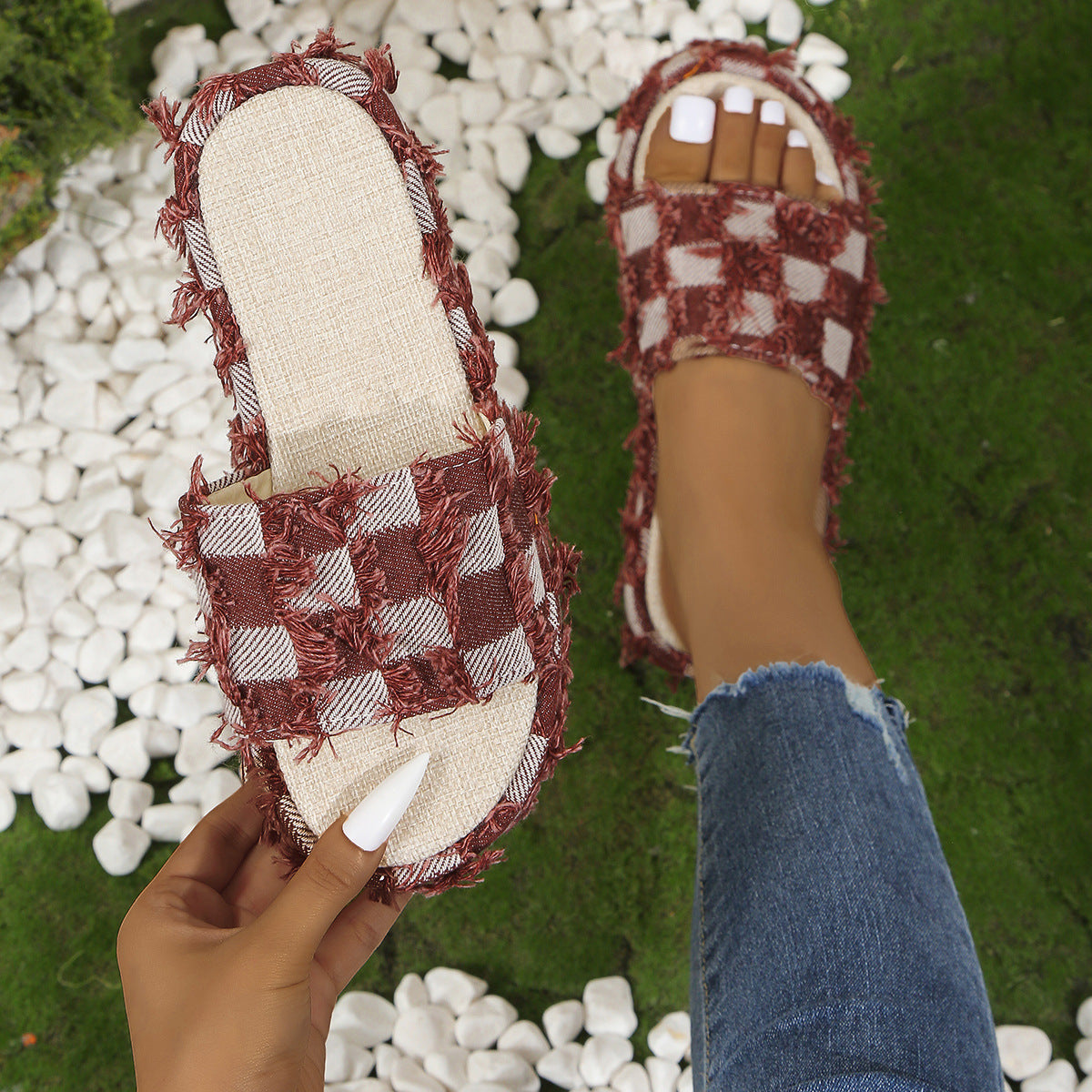 Sandals - Fringe Checkered Platform