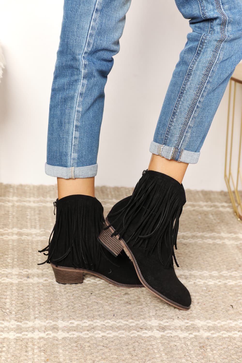 Ankle Booties - Leather Fringe Block Heel