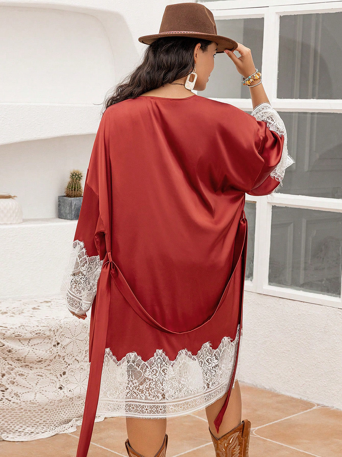 Bath Robe - Plus Size Tie Front Lace Patchwork