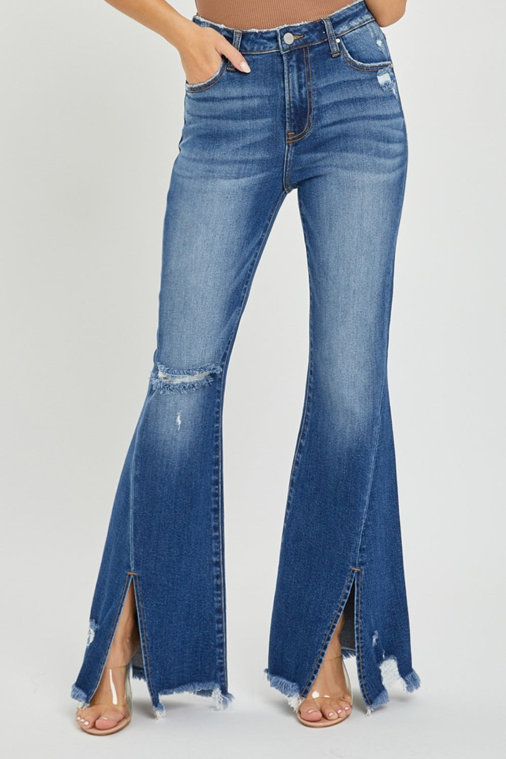 High Rise Front Slit Frayed Flare Hem Jeans