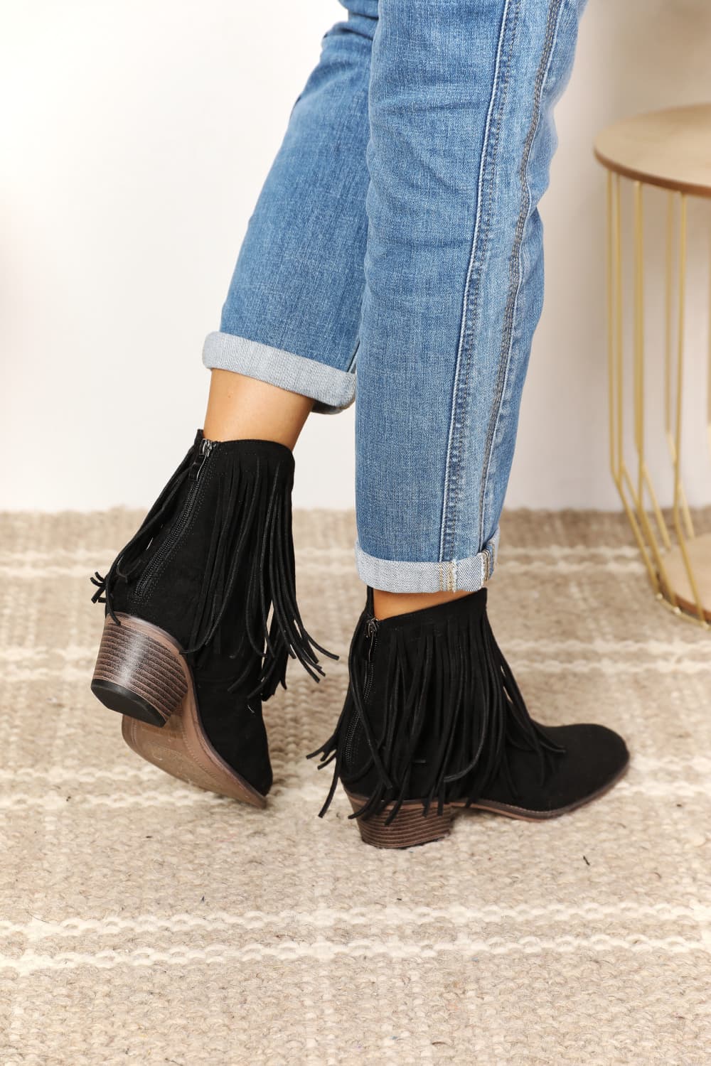 Ankle Booties - Leather Fringe Block Heel