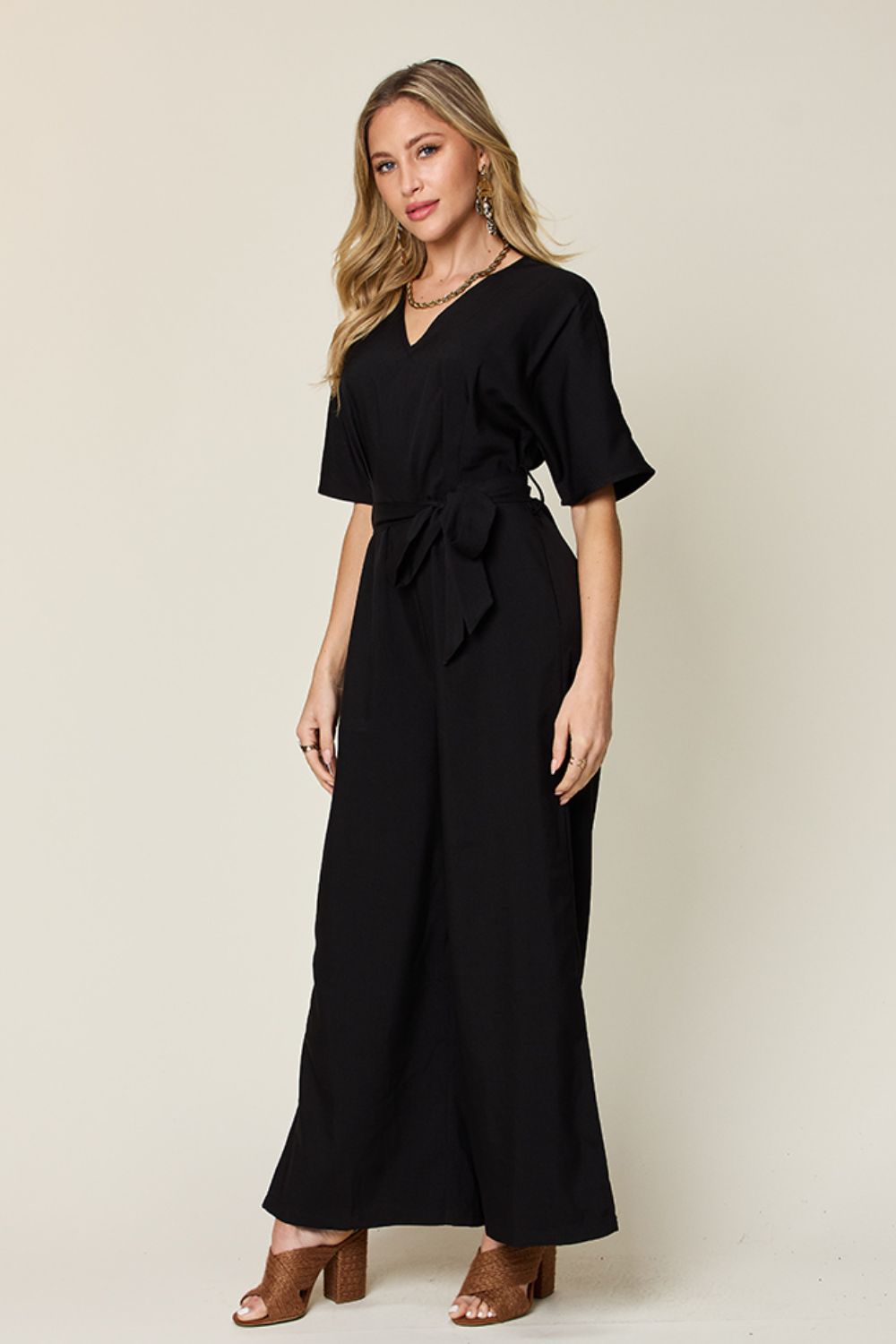 Full Size V-Neck Tied Side Slit Jumpsuit