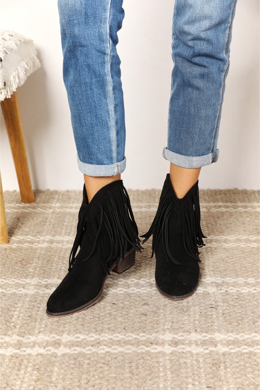 Ankle Booties - Leather Fringe Block Heel