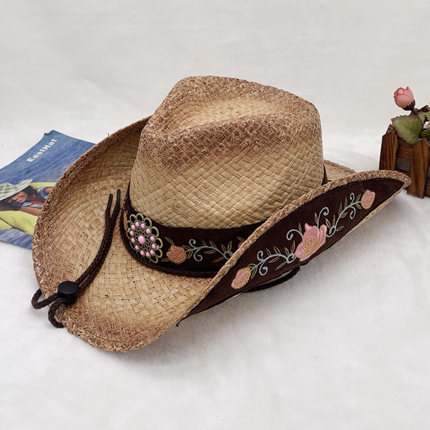 Cowboy Hat - Embroidered Tied Raffia