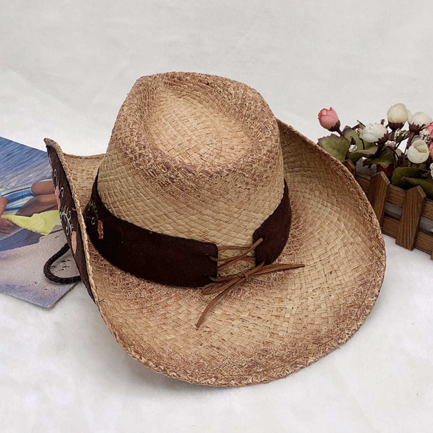 Cowboy Hat - Embroidered Tied Raffia