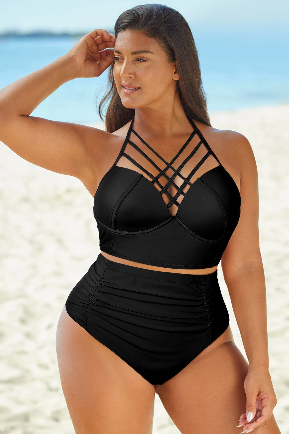 Halter Neck Crisscross Ruched Swimsuit