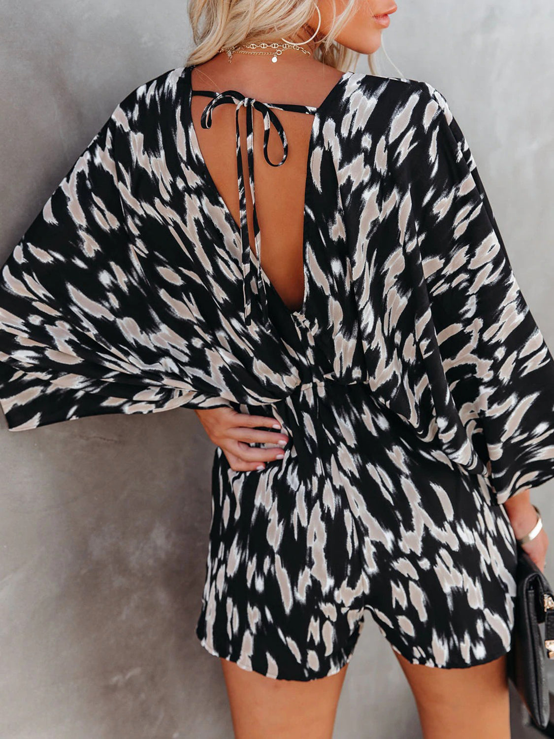 Romper - Tied Printed Kimono Sleeve