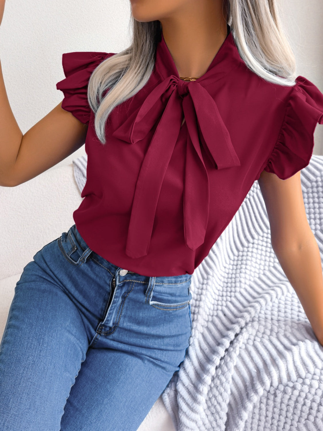 Tie Neck Cap Sleeve Blouse