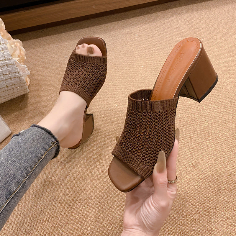 Sandal - Block Heel Knit Open Toe