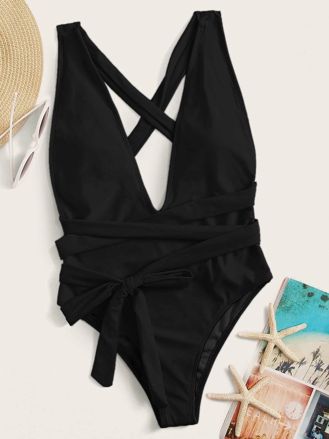 Halter Neck Deep V Tied Swimsuit