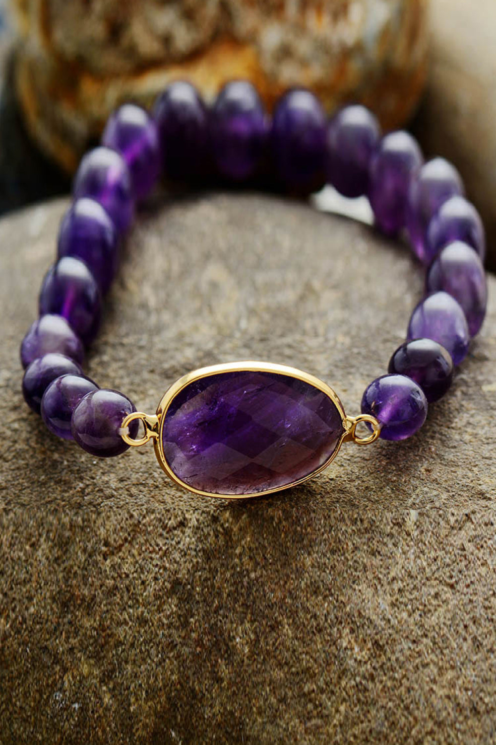 Bracelet - Beaded Oval Amethyst Stone