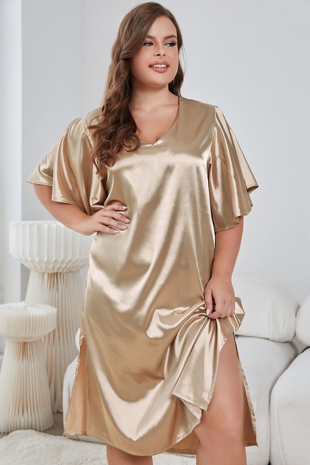 Night Gown - Plus Size Flutter Sleeve V-Neck Side Slit