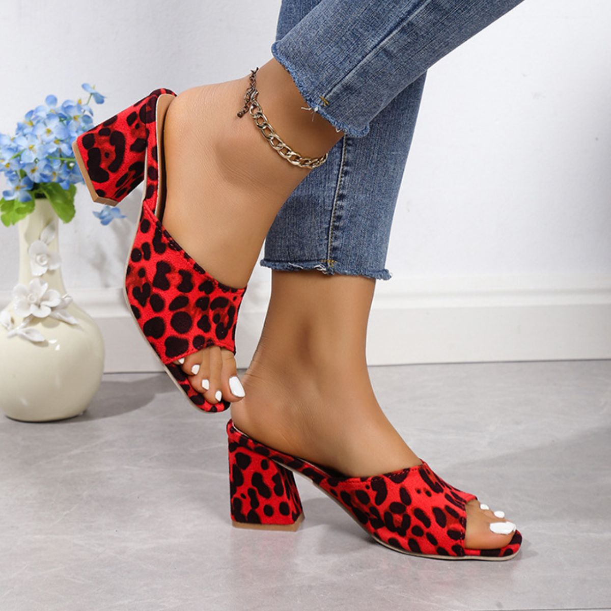 Sandal - Block Heel Suede Leopard Print