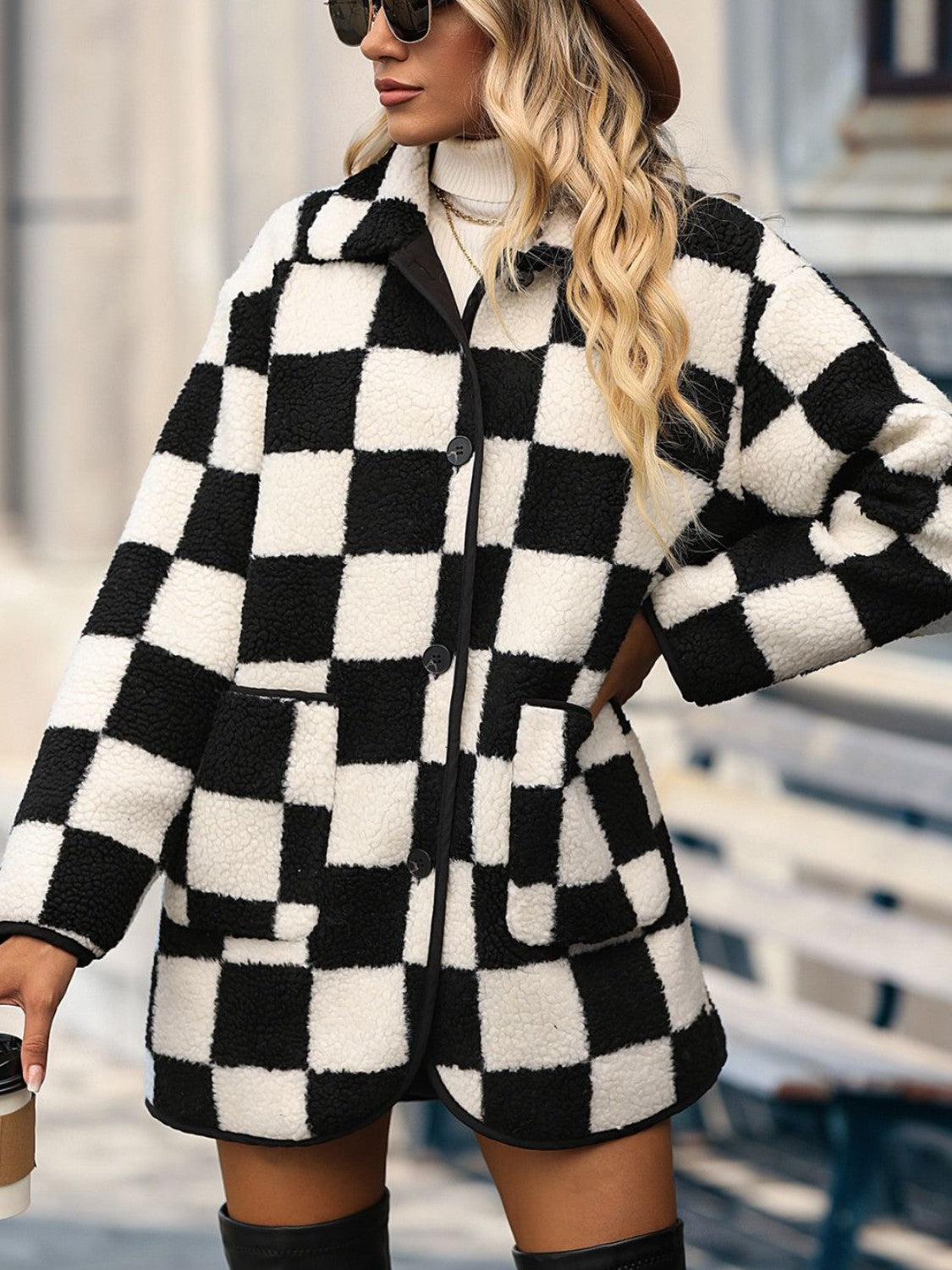 Fuzzy Full Size Checkered Coat w/Pockets