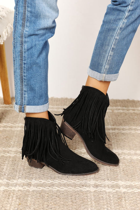 Ankle Booties - Leather Fringe Block Heel