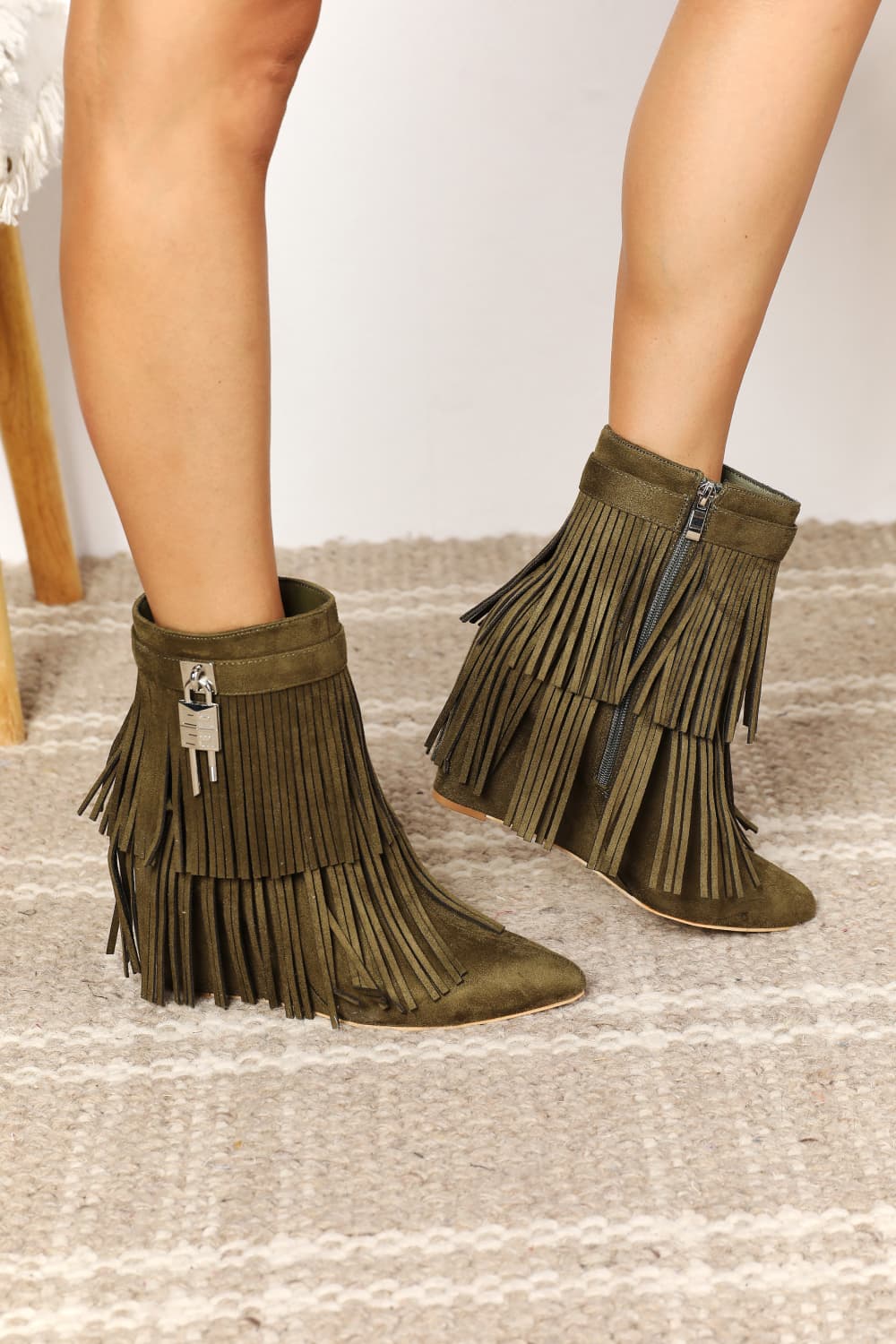 Ankle Booties - Leather Fringe Tassel Wedge Heel