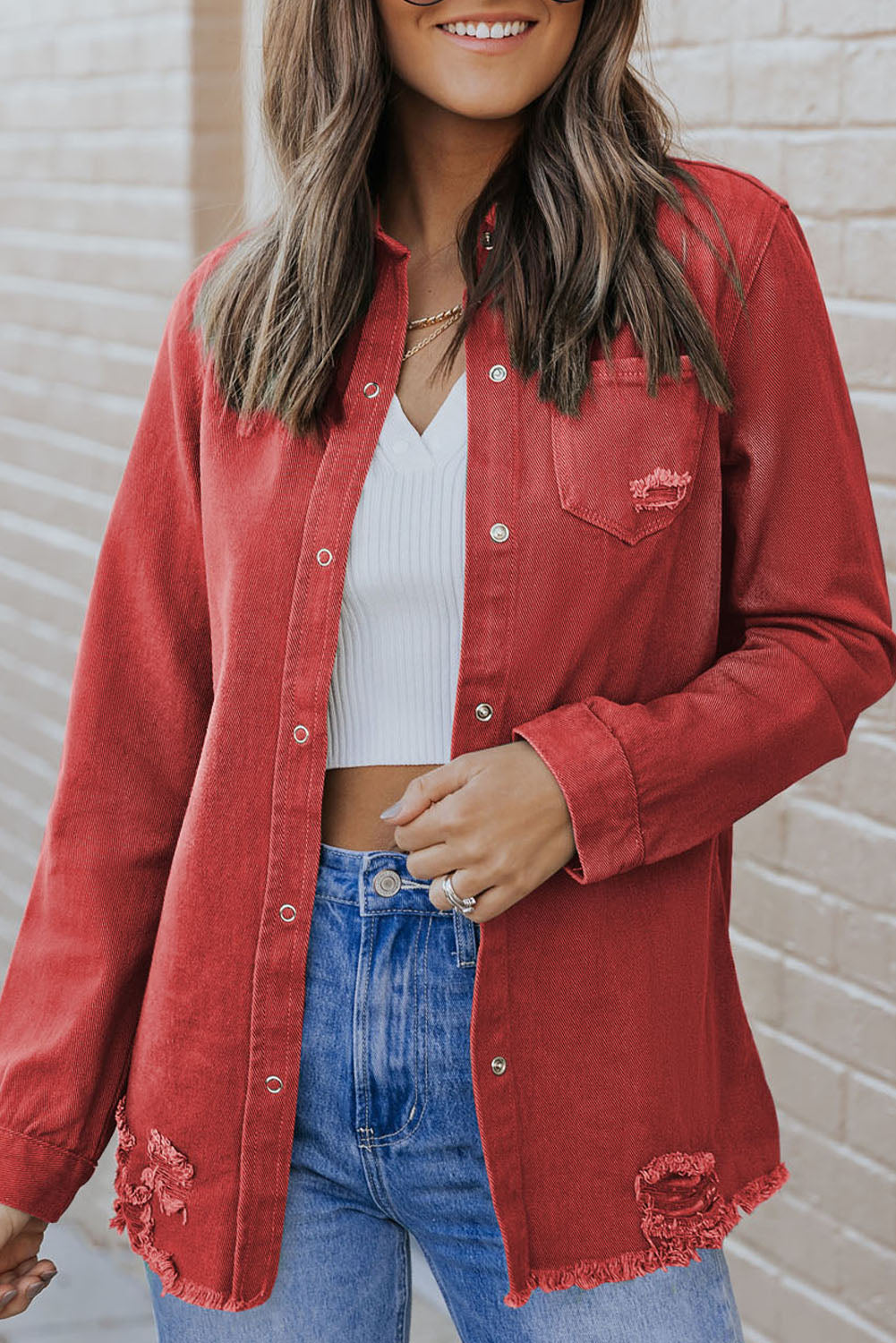 Distressed Snap Down Denim Jacket