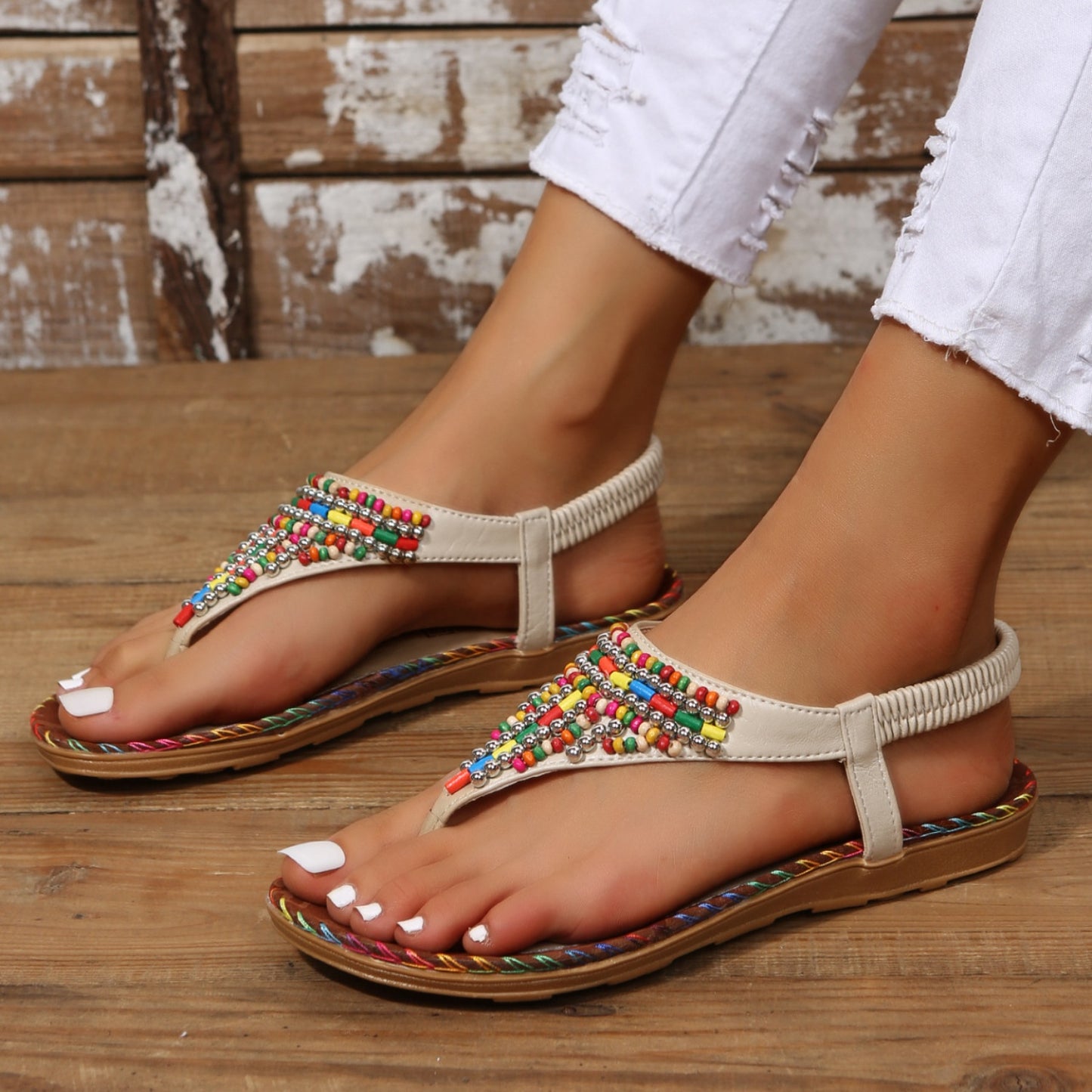 Sandals - Beaded Leather Open Toe