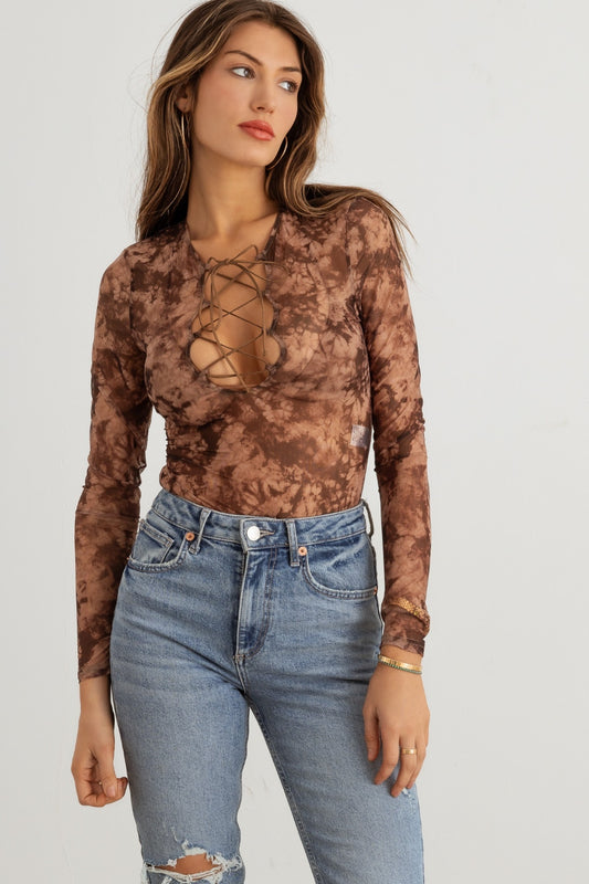 Bodysuit - Abstract Mesh Lace-Up Long Sleeve