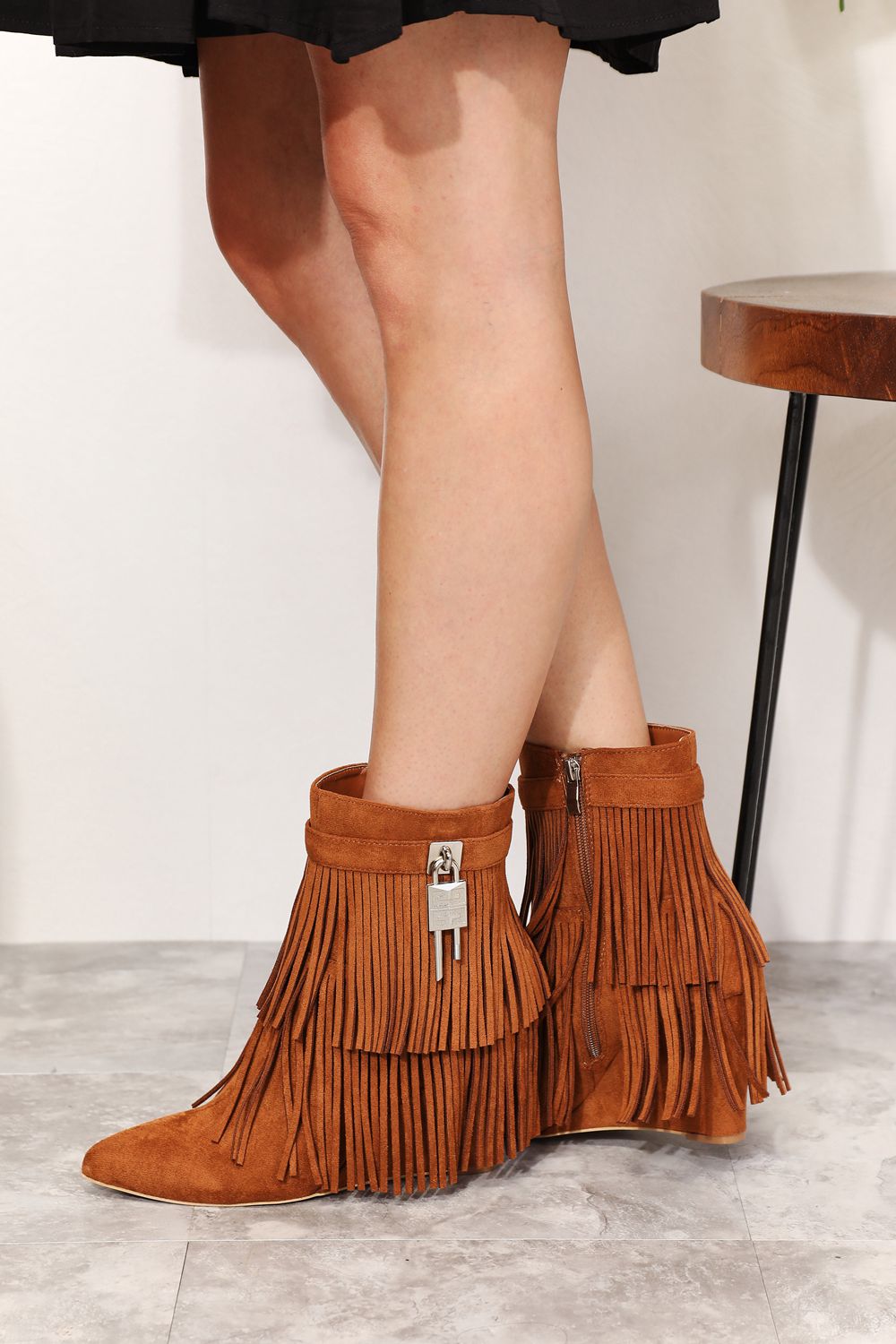 Ankle Booties - Leather Fringel Side Zipper