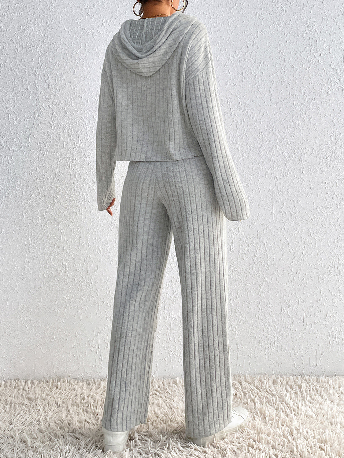 Ribbed Hoodie and Straight Leg Pants Set